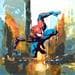 Peinture Spider Man - In the street par Castan Daniel | Tableau Pop Art Mixte Vues urbaines icones Pop