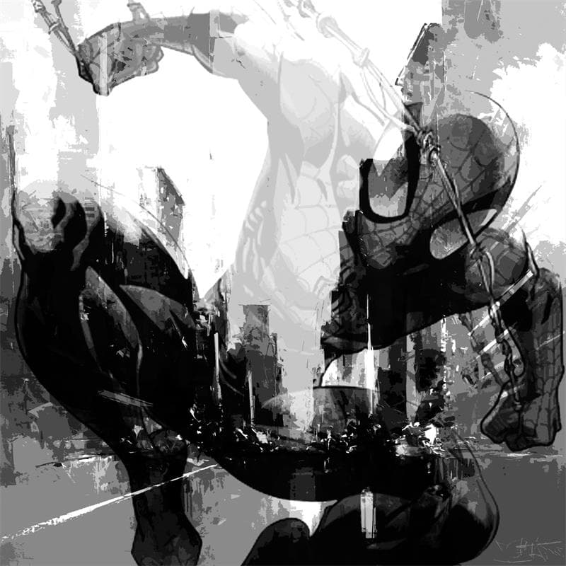 Peinture Spider Man - Black Street par Castan Daniel | Tableau Figuratif Mixte Vues urbaines icones Pop