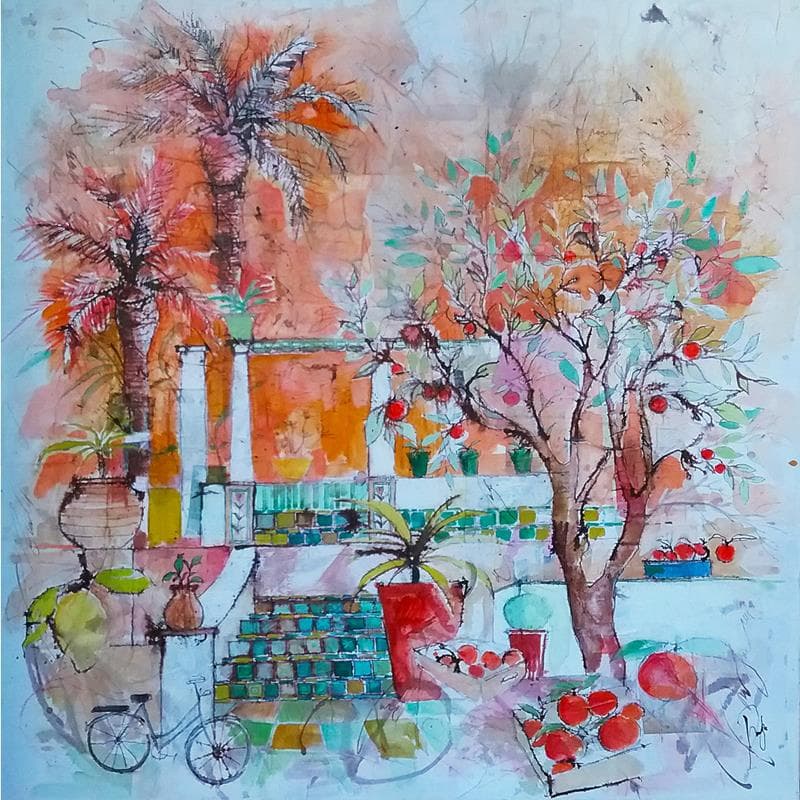 Painting La coupe aux oranges by Colombo Cécile | Painting Figurative Mixed Life style
