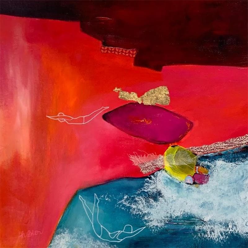 Peinture Elle s'envole dans l'ecume (plongeons du haut la cascade) par Lau Blou | Tableau Abstrait Mixte minimaliste