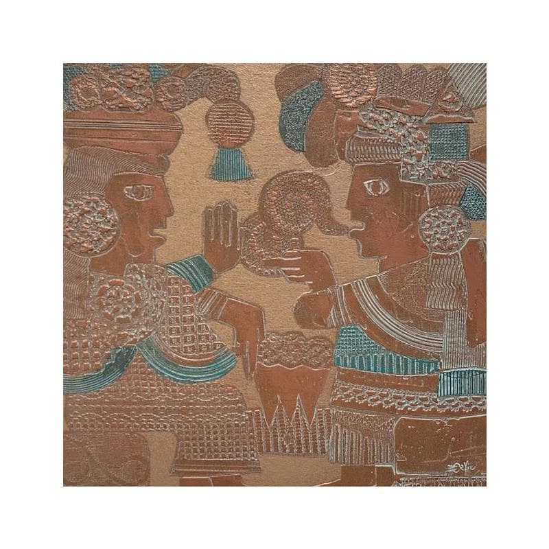 Peinture Dialogue aztèque par Bernard Devie | Tableau Figuratif Acrylique scènes de vie