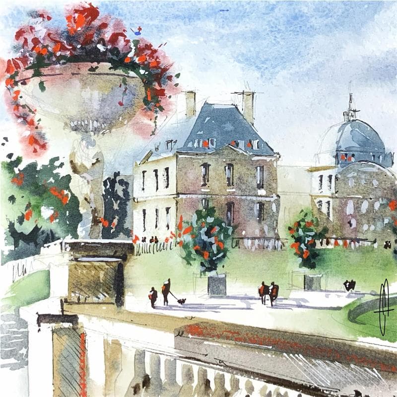 Painting Jardin du Luxembourg en fleur by Kévin Bailly | Painting Figurative Watercolor Urban
