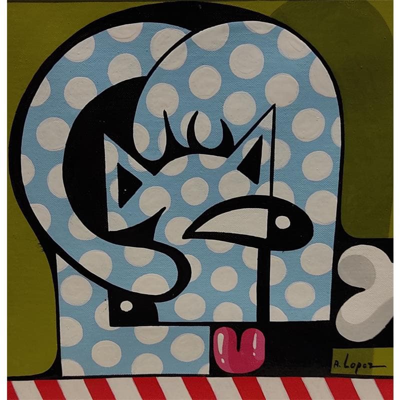 Painting LE CHIEN QUI ESSAYE DE MAIGRIR by Lopez Alfredo | Painting Figurative Acrylic Animals, Pop icons