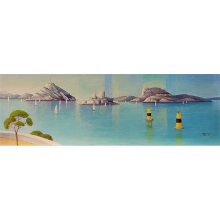 Painting AN163 Les îles vues de Malmousque by Burgi Roger | Painting Figurative Acrylic Landscapes, Marine