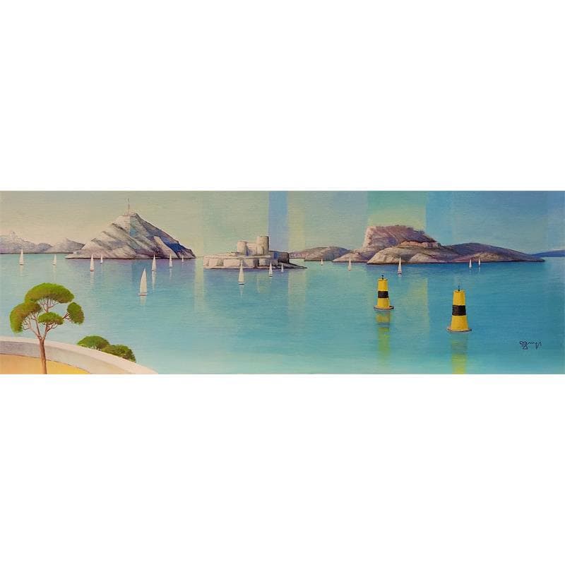 Painting AN163 Les îles vues de Malmousque by Burgi Roger | Painting Figurative Acrylic Landscapes, Marine