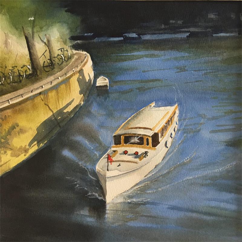 Gemälde Boat trip von Min Jan | Gemälde Figurativ Aquarell Landschaften