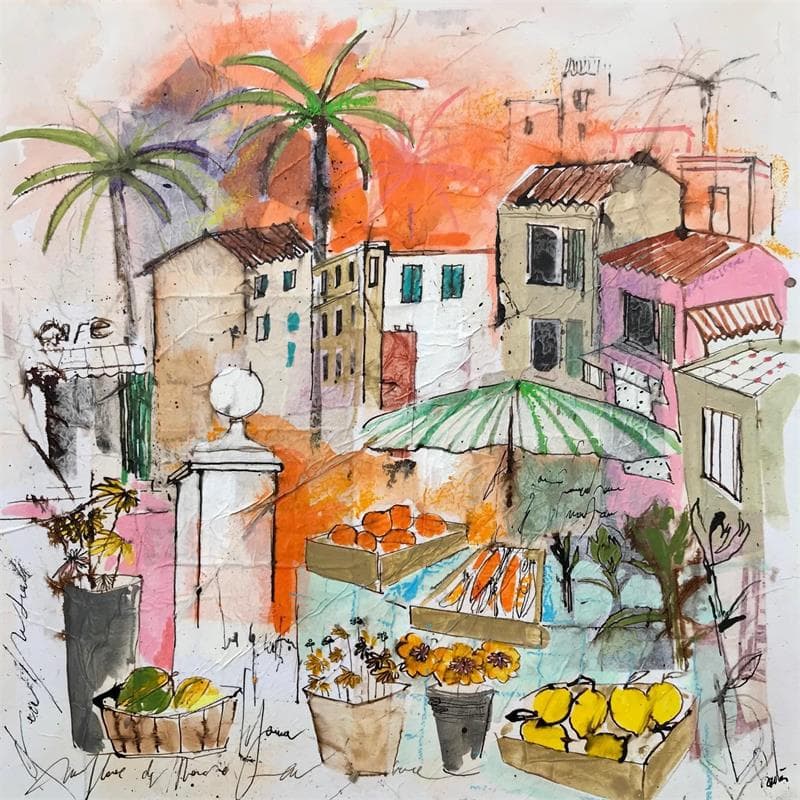 Peinture L'heure du marché par Colombo Cécile | Tableau Art Singulier Mixte Paysages Vues urbaines scènes de vie