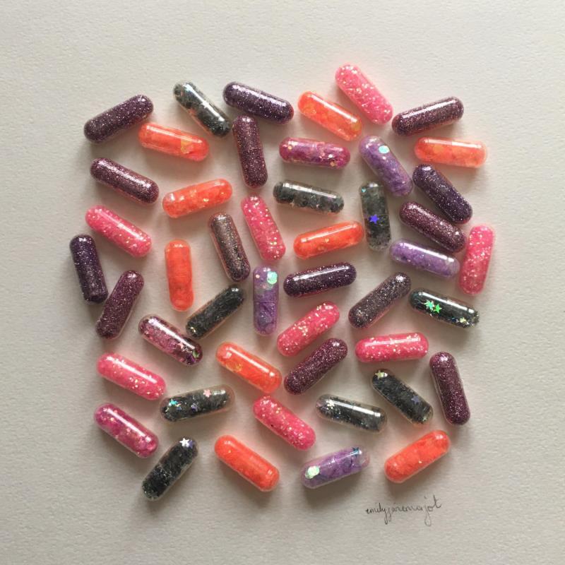 Painting vrac pink pills by Marjot Emily Jane  | Painting Subject matter Pop icons