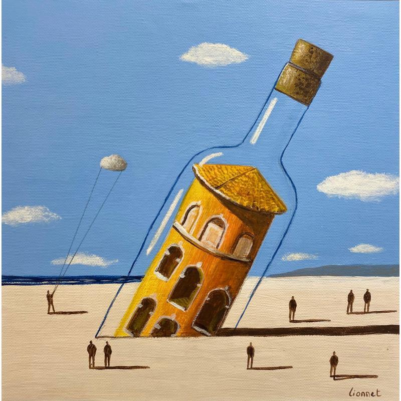 Peinture Bouteille sur le sable  par Lionnet Pascal | Tableau Surréalisme Acrylique Paysages