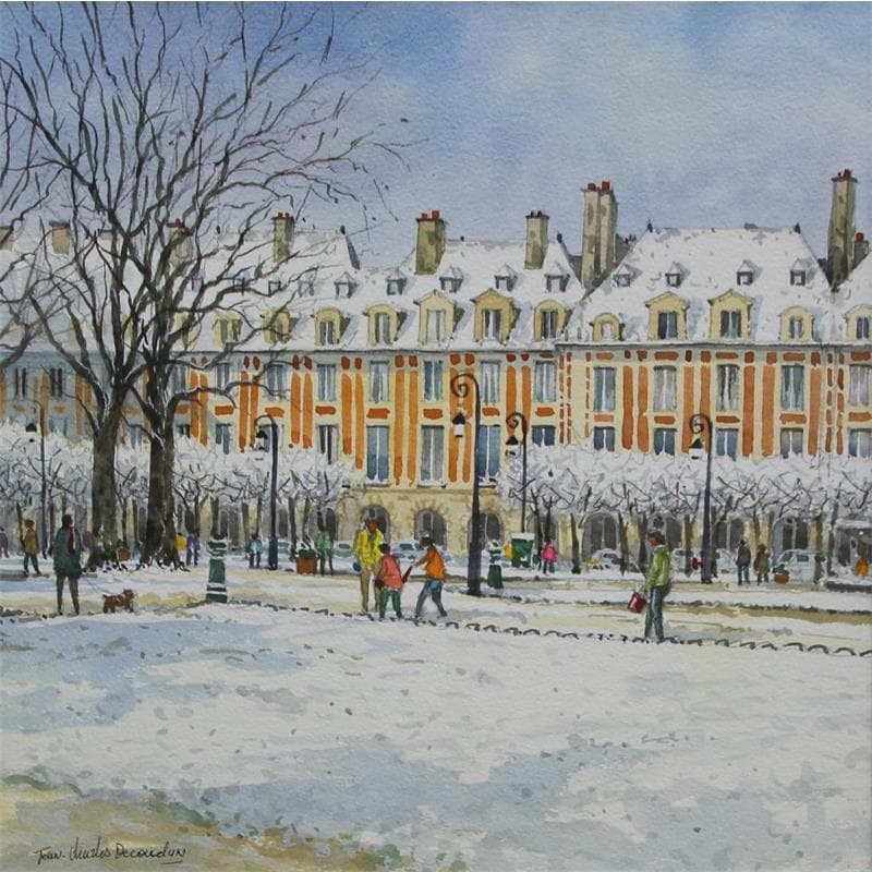 Painting Paris, la Place des Vosges sous la neige by Decoudun Jean charles | Painting Figurative Watercolor Life style, Urban