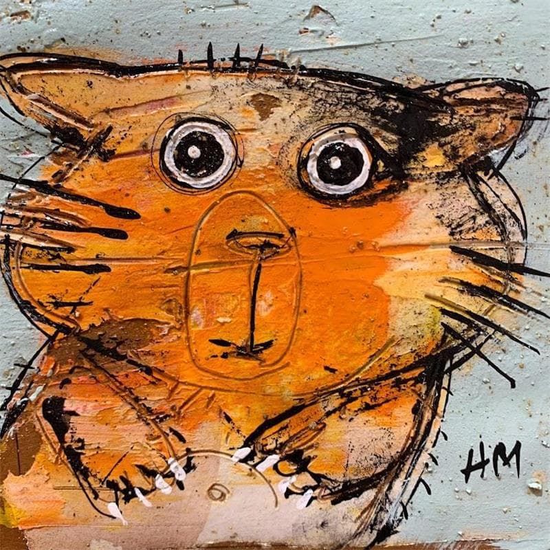Peinture Orange  cat par Maury Hervé | Tableau Abstrait Mixte animaux
