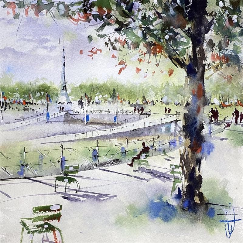 Painting Le Jardin des Tuileries en Balcon by Kévin Bailly | Painting Figurative Watercolor Urban