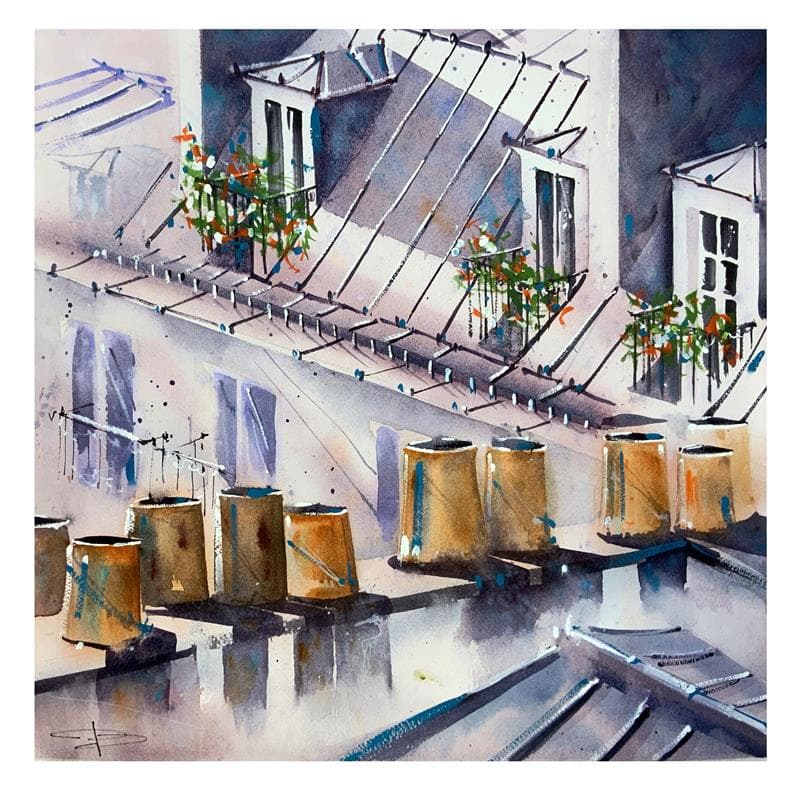 Peinture Les cheminées de Paris par Kévin Bailly | Tableau Figuratif Aquarelle Vues urbaines