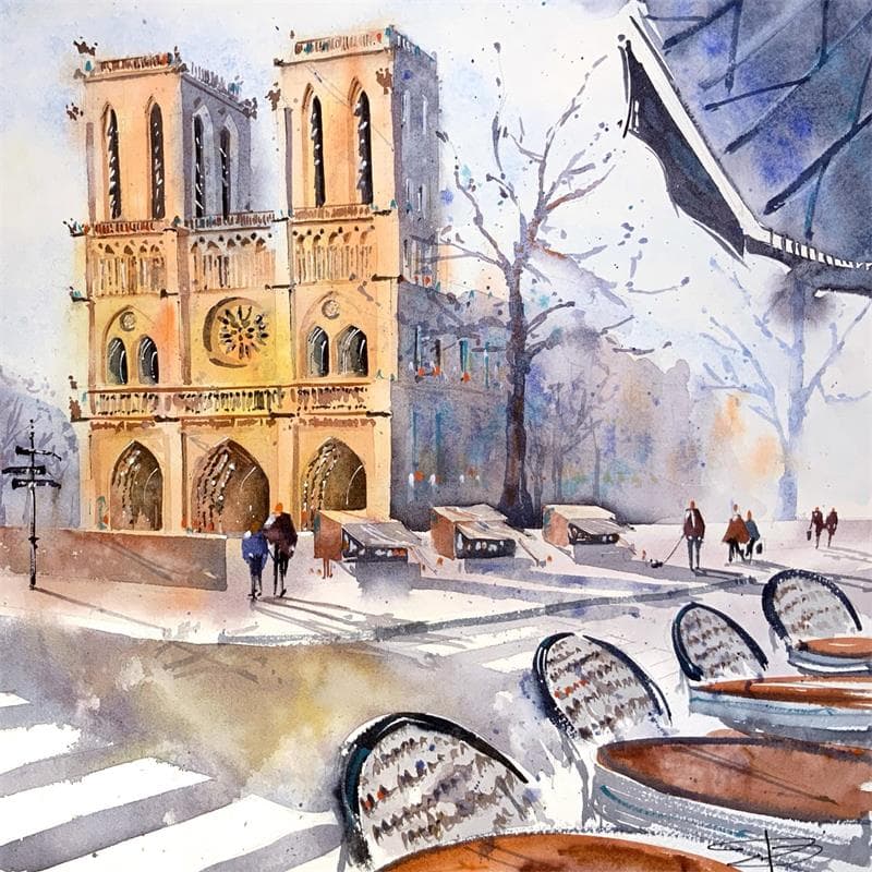 Peinture Notre Dame de Paris depuis Saint Michel par Kévin Bailly | Tableau Figuratif Aquarelle Vues urbaines