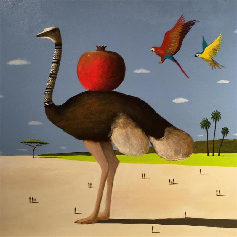 Painting Autruche et Aras by Lionnet Pascal | Painting Surrealism Oil Animals