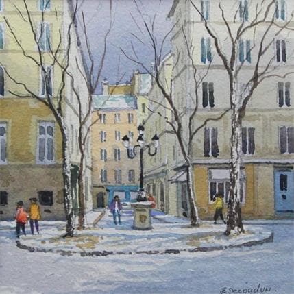 Peinture Paris, la place Furstenberg sous la neige  par Decoudun Jean charles | Tableau Figuratif Aquarelle Vues urbaines, scènes de vie