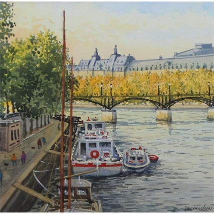 Peinture Paris, la passerelle des Arts par Decoudun Jean charles | Tableau Figuratif Aquarelle scènes de vie, Vues urbaines