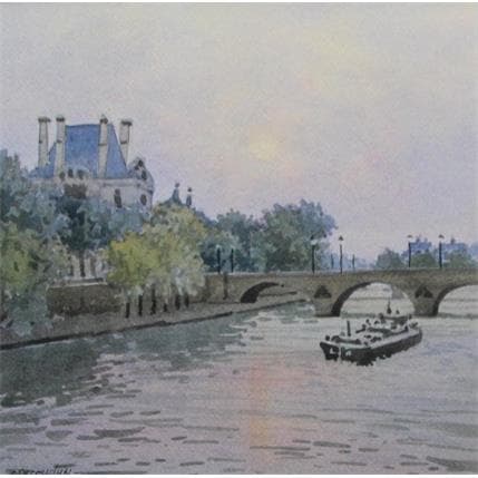 Painting Paris, le pont Royal, matin by Decoudun Jean charles | Painting Figurative Watercolor Life style, Urban