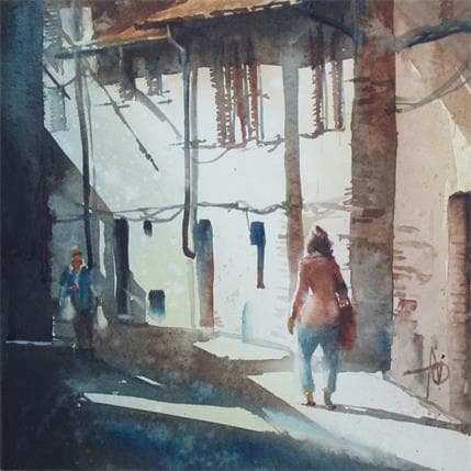 Painting Jour de marche dans son quartier by Abbatucci Violaine | Painting Figurative Watercolor Landscapes, Life style, Urban