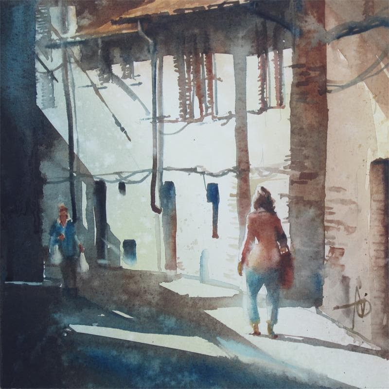 Peinture Jour de marche dans son quartier par Abbatucci Violaine | Tableau Figuratif Aquarelle Paysages Vues urbaines scènes de vie