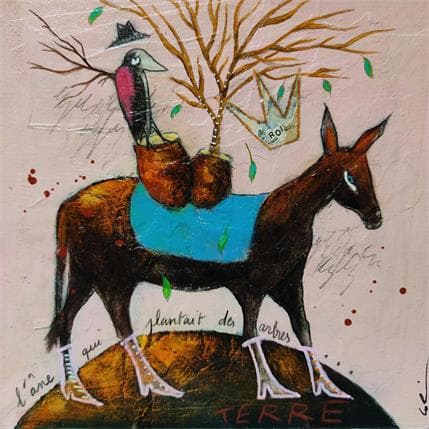 Peinture L'âne qui plantait des arbres II par Colin Sylvie | Tableau Art Singulier Mixte animaux