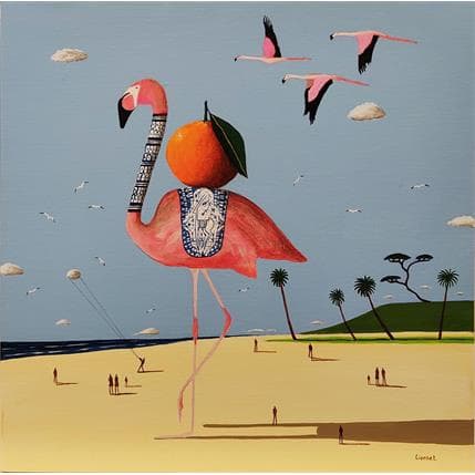 Painting Flamant rose à l'orange by Lionnet Pascal | Painting Surrealist Oil Landscapes, Life style, Animals