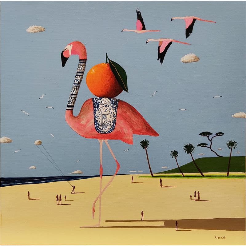 Painting Flamant rose à l'orange by Lionnet Pascal | Painting Surrealist Oil Landscapes Life style Animals