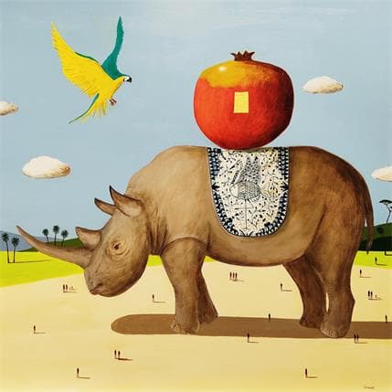 Painting Rhinocéros by Lionnet Pascal | Painting Surrealist Oil Animals, Landscapes