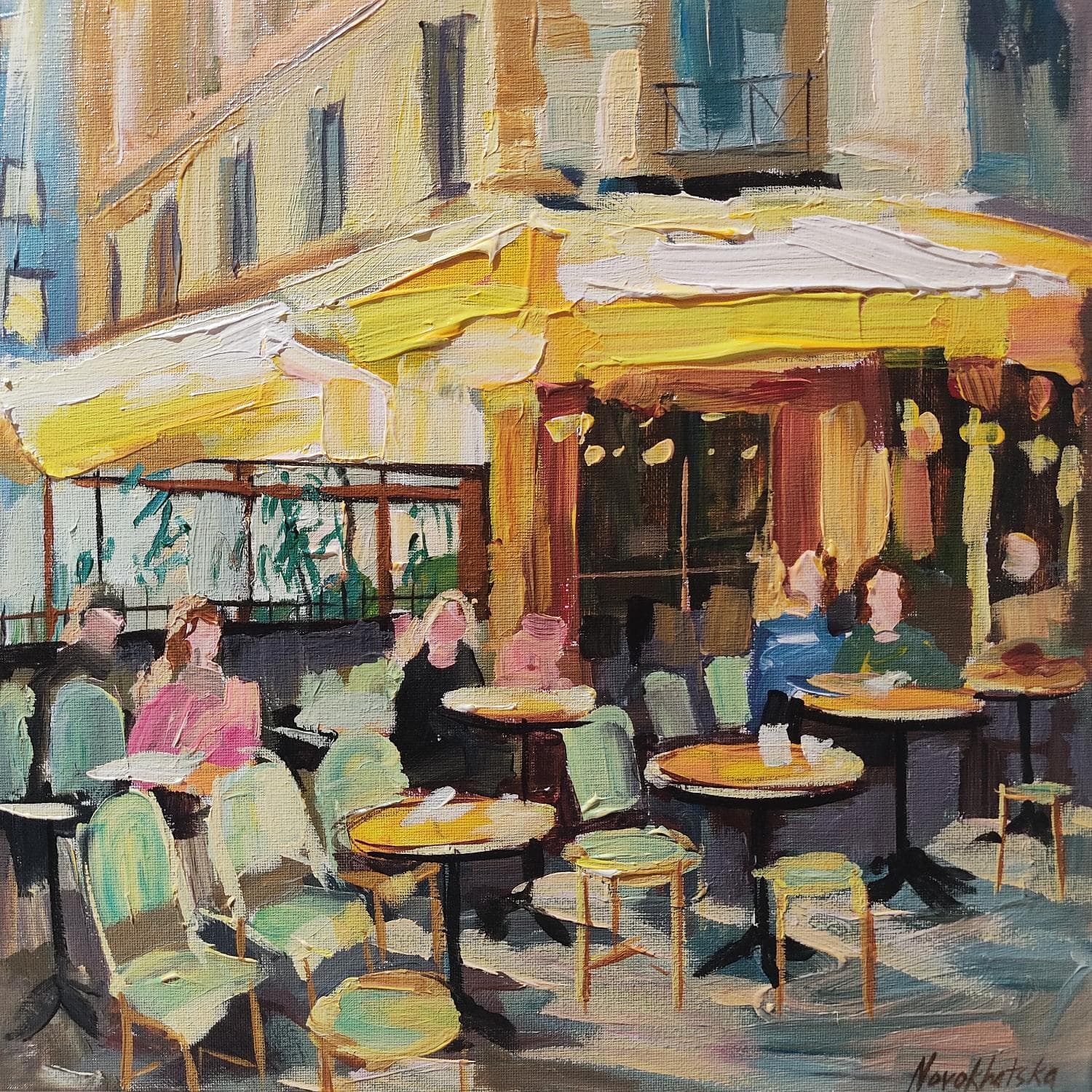 Painting Un Matin Au Cafe By Novokhatska Olga Carre D Artistes - Restaurant Yougoslave Luxembourg