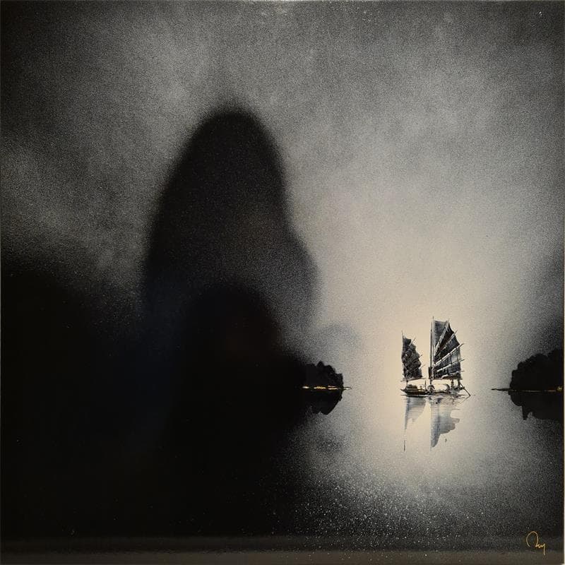 Peinture Nocturne par Rey Julien | Tableau Figuratif Mixte Paysages noir & blanc