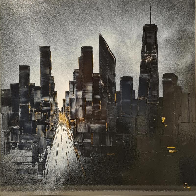 Painting Skyline by Rey Julien | Painting Figurative Mixed Urban Black & White