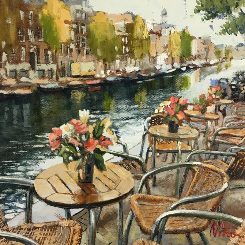 Peinture Cafe in Amsterdam par Niko Marina  | Tableau Figuratif Urbain Huile