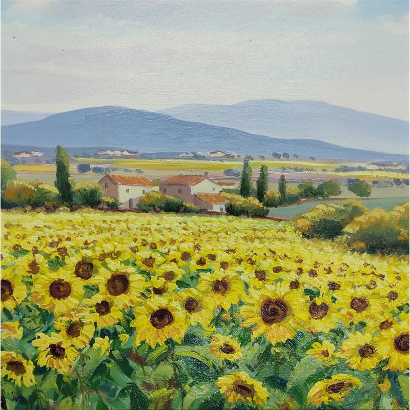 Painting Town of sunflowers by Requena Elena | Painting Figurative Oil Landscapes