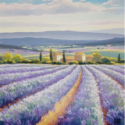 Painting Lavender's sunset by Requena Elena | Painting Figurative Oil Landscapes