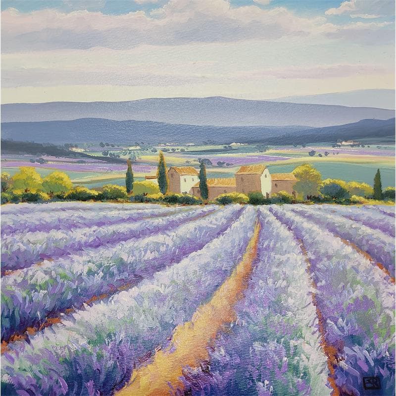 Painting Lavender's sunset by Requena Elena | Painting Figurative Oil Landscapes
