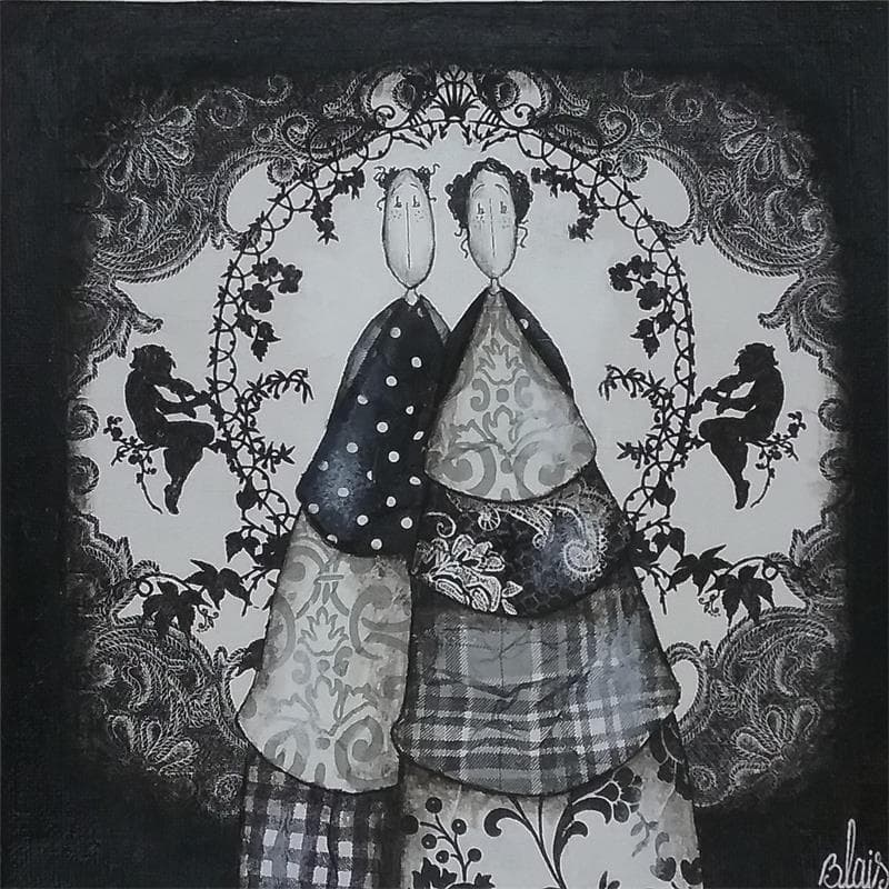 Painting Blanche et Pierrot by Blais Delphine | Painting Naive art Black & White Acrylic
