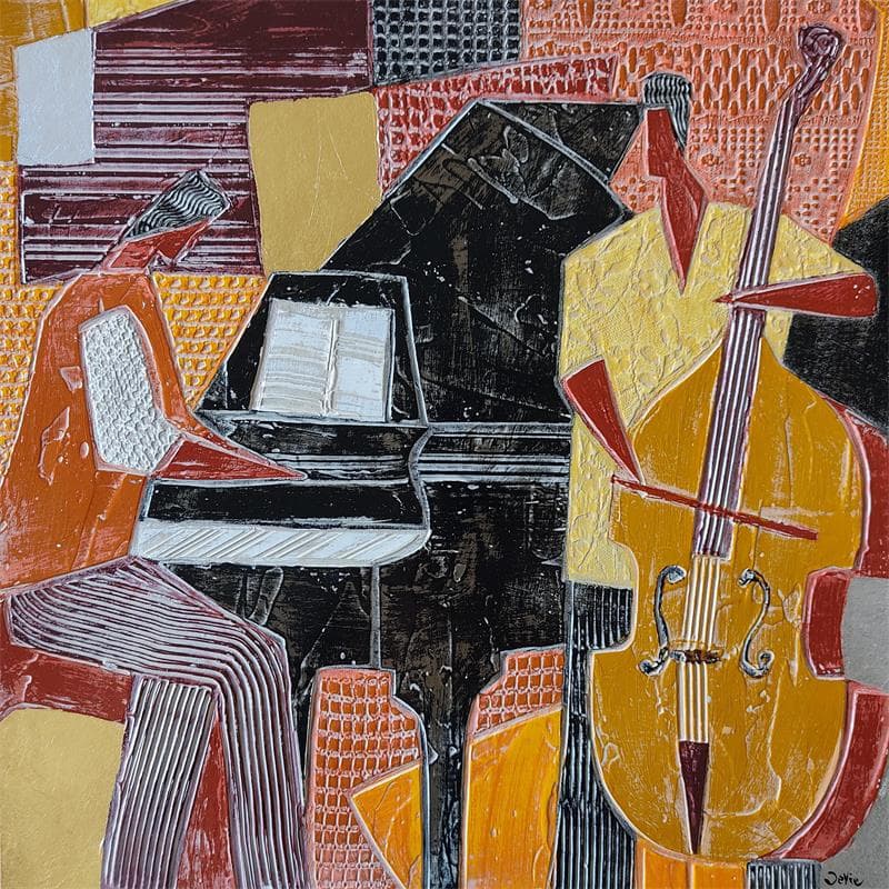 Painting Contrebasse et piano by Bernard Devie | Painting Figurative Mixed Life style