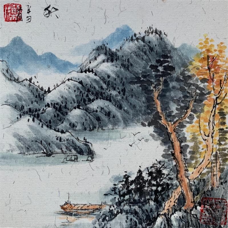 Painting Autumn sight by Yu Huan Huan | Painting Illustrative Mixed Landscapes