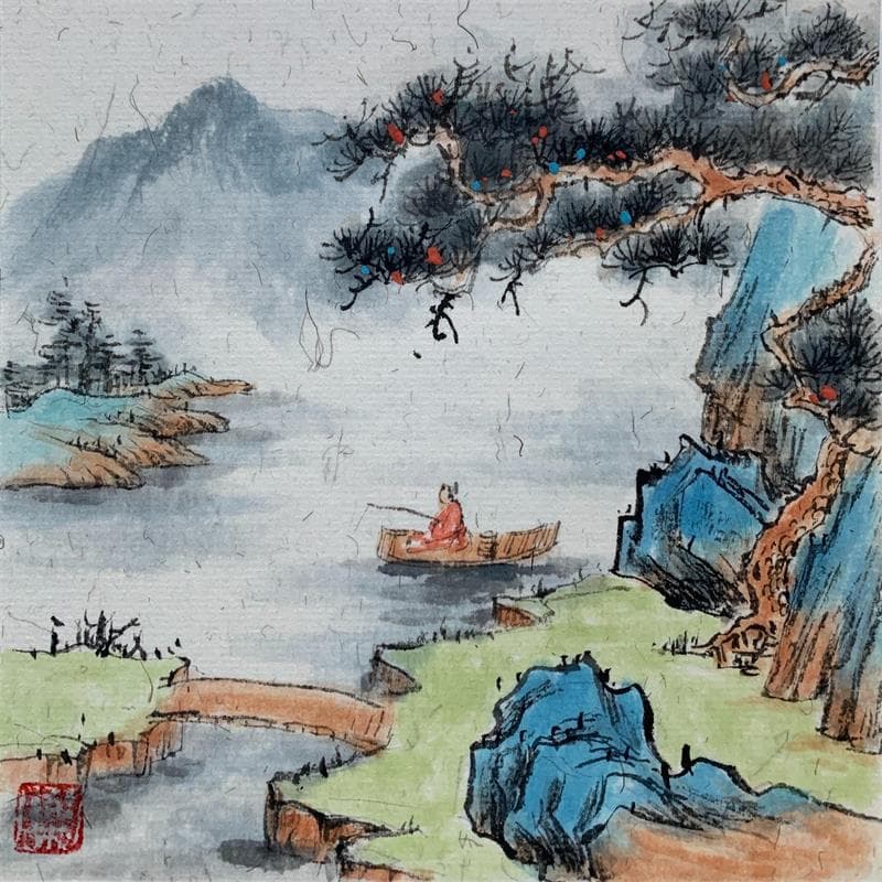 Painting Fishing by Yu Huan Huan | Painting Illustrative Mixed Landscapes