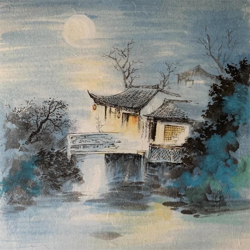 Painting Silent night by Yu Huan Huan | Painting Naive art Landscapes