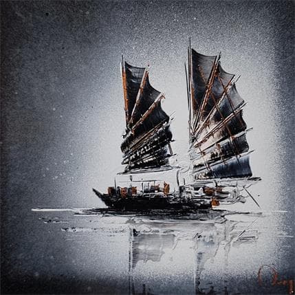 Painting Sampan by Rey Julien | Painting Figurative Mixed Black & White