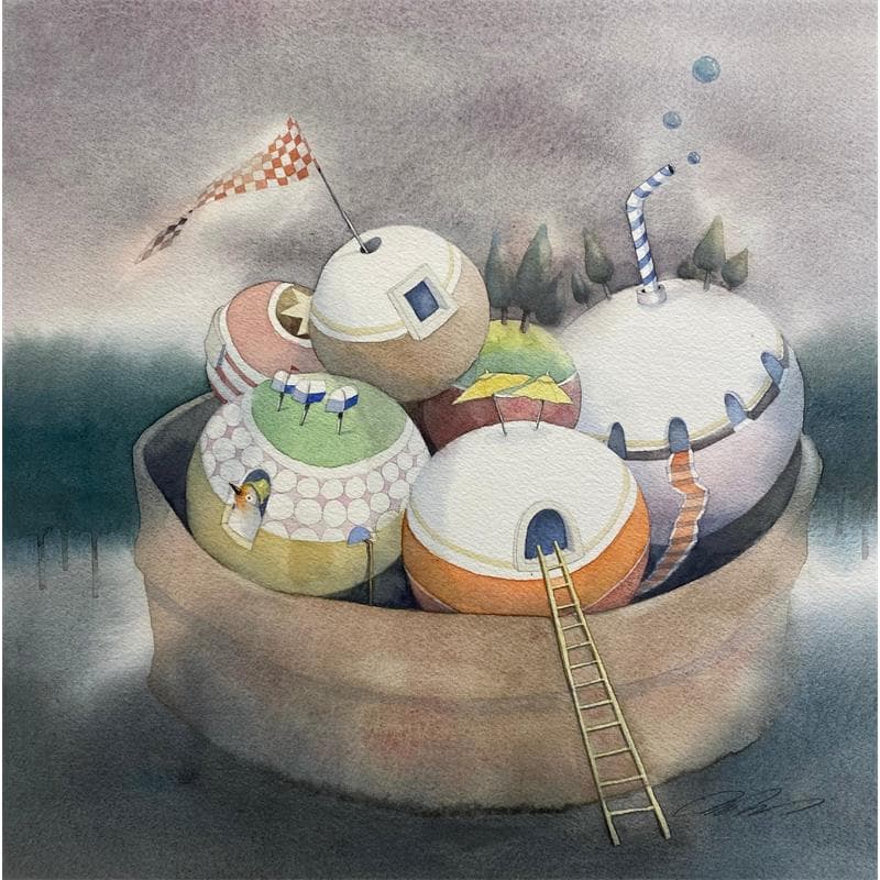Painting Bubble house by Masukawa Masako | Painting Naive art Landscapes Watercolor