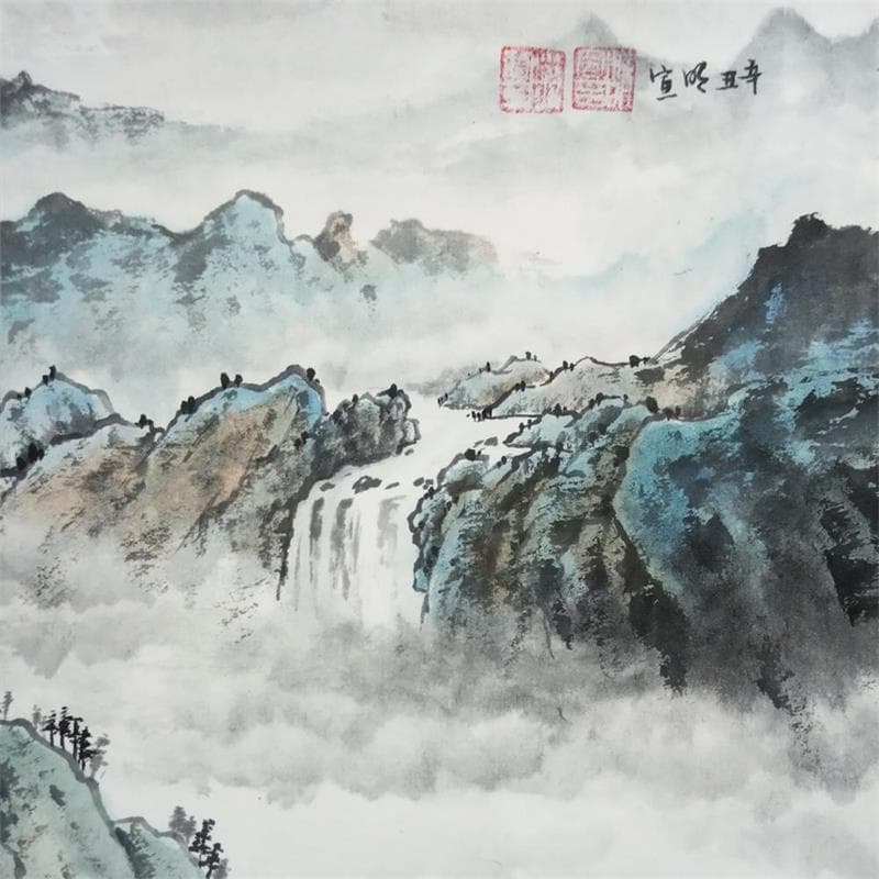 Peinture Waterfall par Du Mingxuan | Tableau Figuratif Mixte Paysages