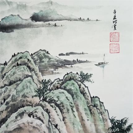 Painting Lake side by Du Mingxuan | Painting Figurative Mixed Landscapes