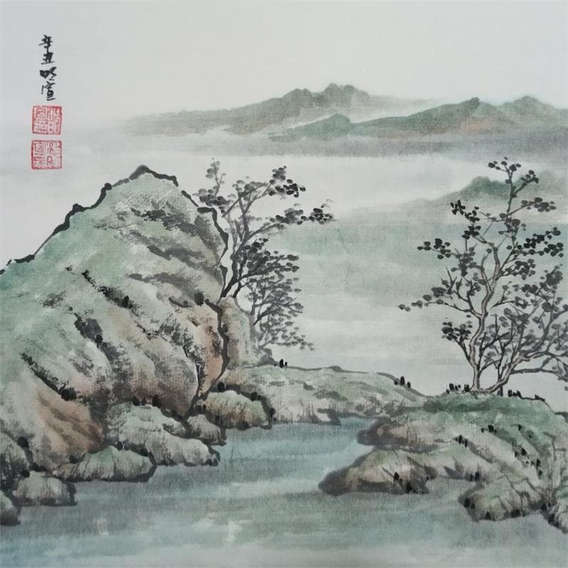 Painting Summer lake by Du Mingxuan | Painting Figurative Landscapes Watercolor
