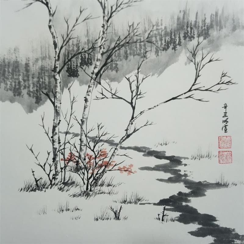 Peinture Winter creek par Du Mingxuan | Tableau Figuratif Mixte Paysages