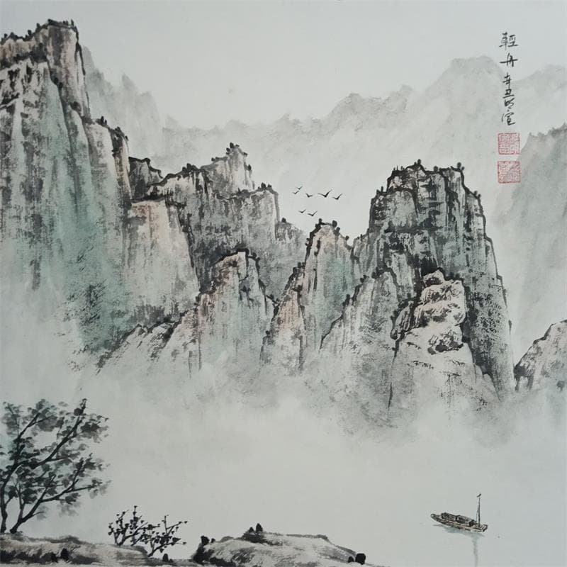 Painting Foggy river by Du Mingxuan | Painting Figurative Mixed Landscapes