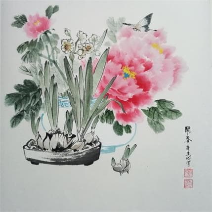 Painting Flowers in vase by Du Mingxuan | Painting Figurative Mixed still-life