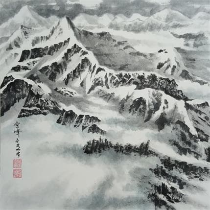 Painting Snow covered  mountain by Du Mingxuan | Painting Figurative Mixed Black & White, Landscapes