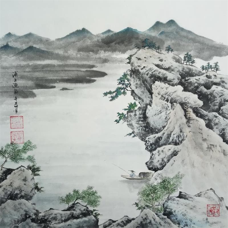 Painting Fisherman by Du Mingxuan | Painting Figurative Mixed Landscapes